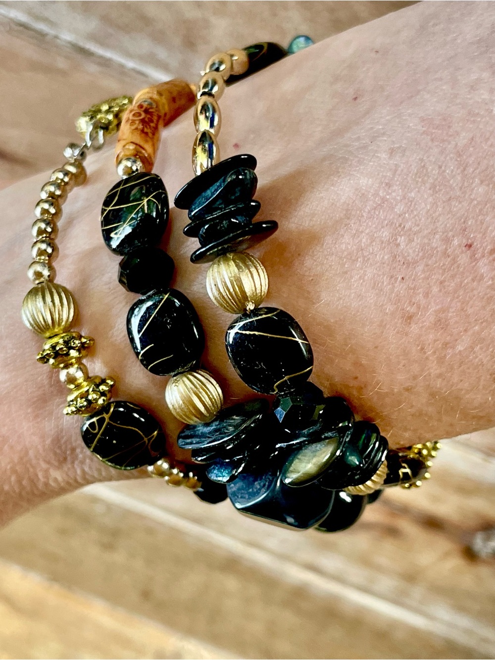 Handcrafted Bouo Black & Gold Beaded Coil Bracelet - Elegantique Artisan Design